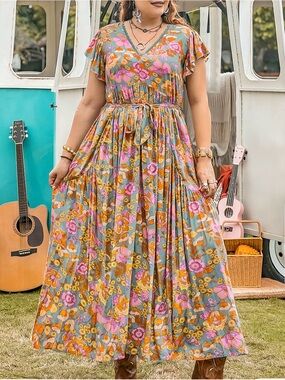 Floral V-Neck Maxi Dress in Teal with Pink & Mustard Accents